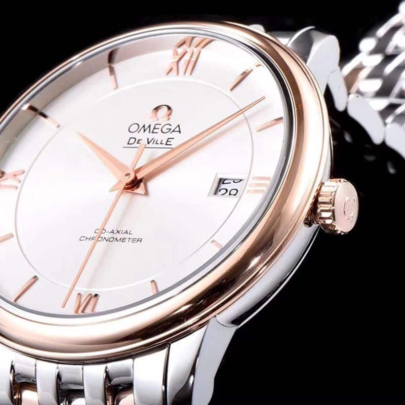 Omega watch disc flying business series men's mechanical ultra-thin watch rose goldsteel bracelet white side view