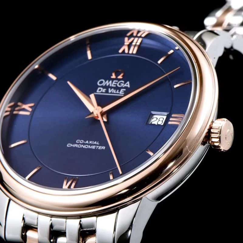 replicaOmega watch De Ville series men's mechanical ultra-thin watch rose goldsteel bracelet blue face detail shots