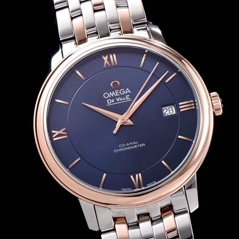 replicaOmega watch De Ville series men's mechanical ultra-thin watch rose goldsteel bracelet blue face front view