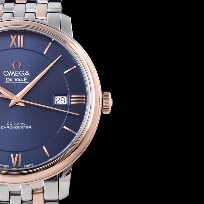 replicaOmega watch De Ville series men's mechanical ultra-thin watch rose goldsteel bracelet blue face detail shots