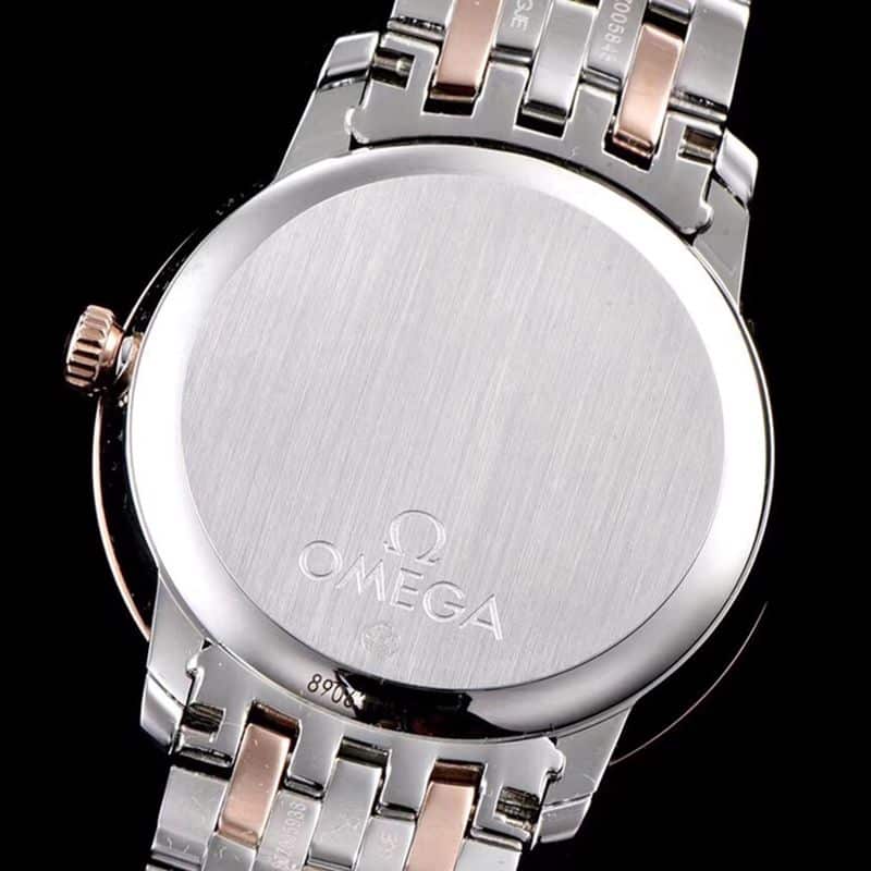 replicaOmega watch De Ville series men's mechanical ultra-thin watch rose goldsteel bracelet blue face back cover picture