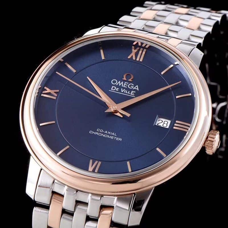 replicaOmega watch De Ville series men's mechanical ultra-thin watch rose goldsteel bracelet blue face front view