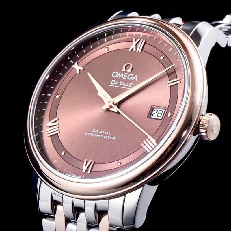 Faithful imitation Omega watches Dafydd series men's mechanical ultra-thin watch between rose gold steel belt coffee face front view