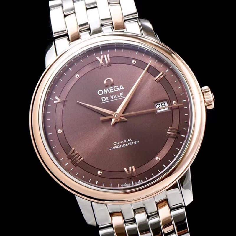 Faithful imitation Omega watches Dafydd series men's mechanical ultra-thin watch between rose gold steel belt coffee face front view