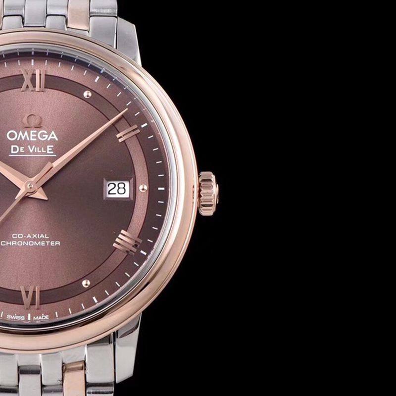 Fine imitation Omega watches Dafydd series men's mechanical ultra-thin watch between rose gold steel belt coffee face details picture