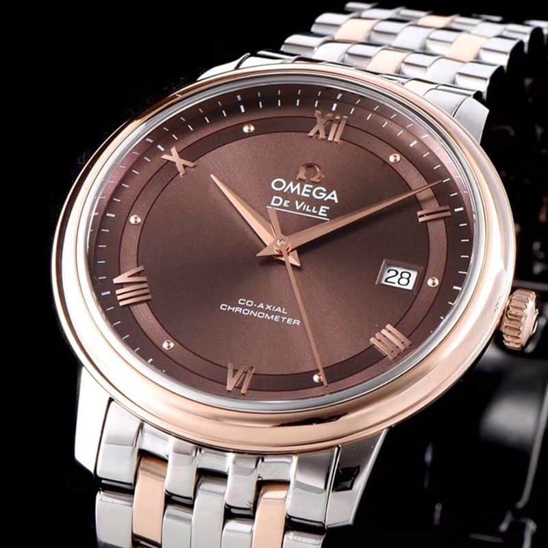 Faithful imitation Omega watches Dafydd series men's mechanical ultra-thin watch between rose gold steel belt coffee face front view