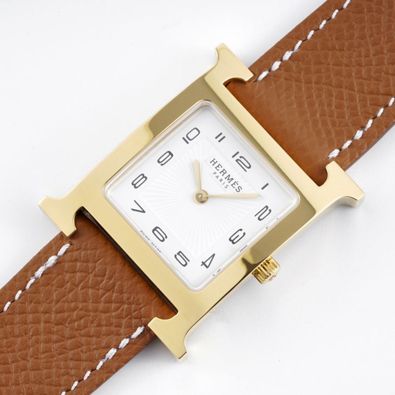 Hermès ladies' watchtop-tierhigh-quality replicaHeureH series quartz square fashion watch khaki braceletrose gold plate front view