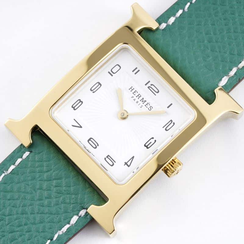 top-tierhigh-quality Hermès ladies' watchHeureH series quartz square fashion watch light blue braceletrose gold plate front view
