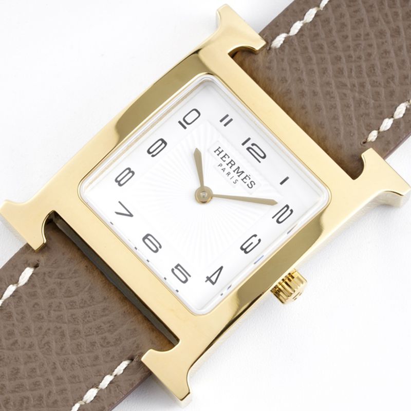 top-tiersuper cloneHermès ladies' watchHeureH series quartz square fashion watch brown braceletrose gold plate front view
