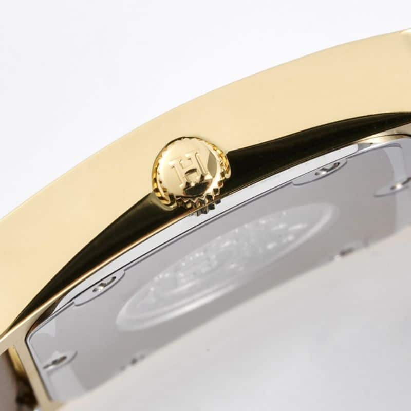 top-tiersuper cloneHermès ladies' watchHeureH series quartz square fashion watch brown braceletrose gold plate side view