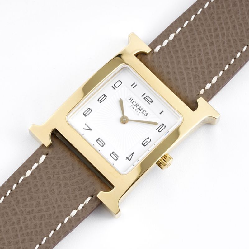 top-tiersuper cloneHermès ladies' watchHeureH series quartz square fashion watch brown braceletrose gold plate front view