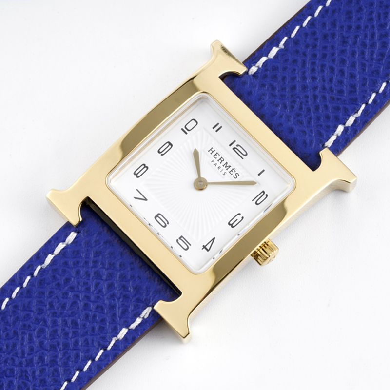 Hermès ladies' watchtop-tiersuper cloneHeureH series quartz square fashion watch blue braceletrose gold plate front view