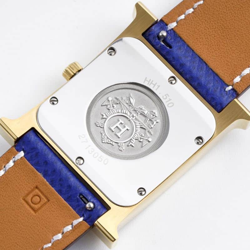 Hermès ladies' watchtop-tiersuper cloneHeureH series quartz square fashion watch blue braceletrose gold dial back cover picture