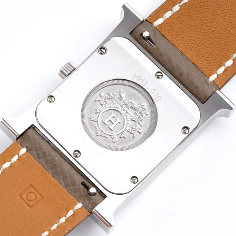 Hermès ladies' watchtop-tier replicaHeureH series quartz square fashion watch dark gray braceletwhite dial back cover picture