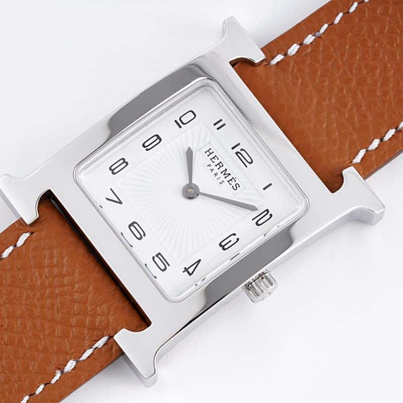 Fine imitation Hermes women's watches top quality HeureH series quartz square fashion watches brown strap white disk front view