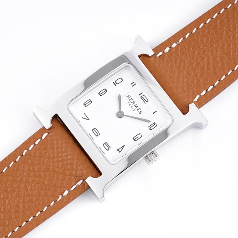 Fine imitation Hermes women's watches top quality HeureH series quartz square fashion watches brown strap white disk front view
