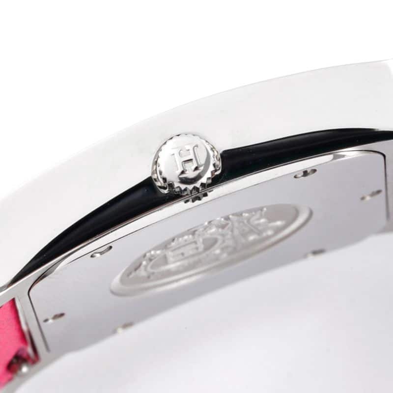 top-tiersuper cloneHermès ladies' watchHeureH series quartz square fashion watch pink braceletwhite dial side view