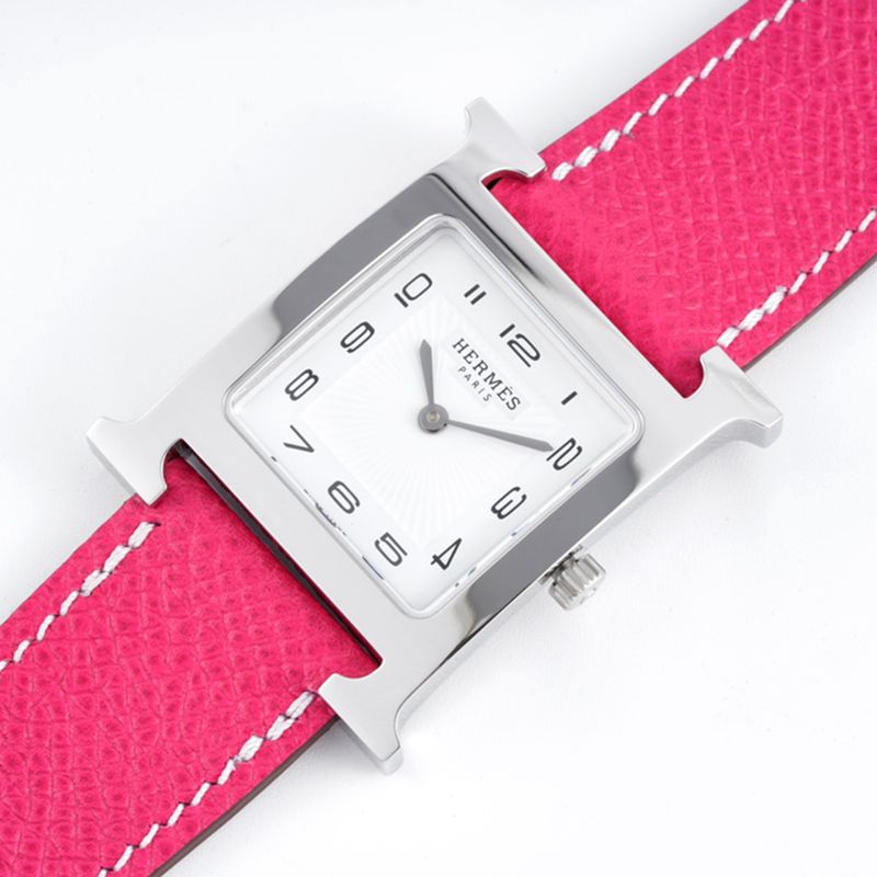 top-tiersuper cloneHermès ladies' watchHeureH series quartz square fashion watch pink braceletwhite dial front view
