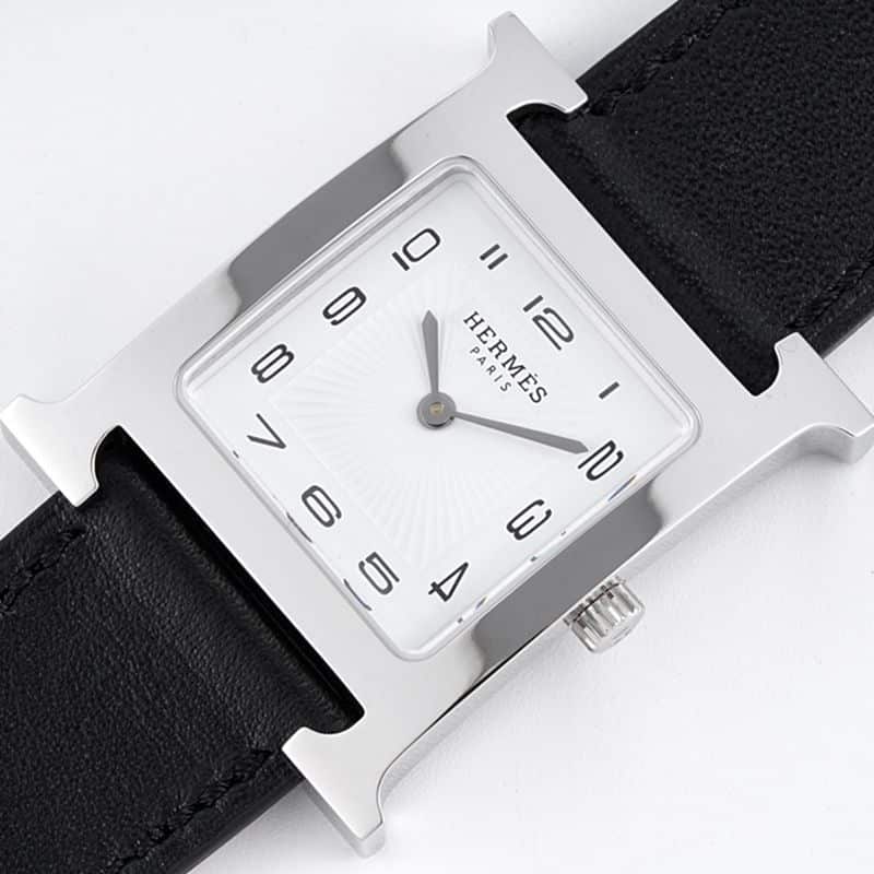 Hermès top-tiersuper cloneladies' watchHeureH series ladies quartz square fashion watch black leather white dial front view