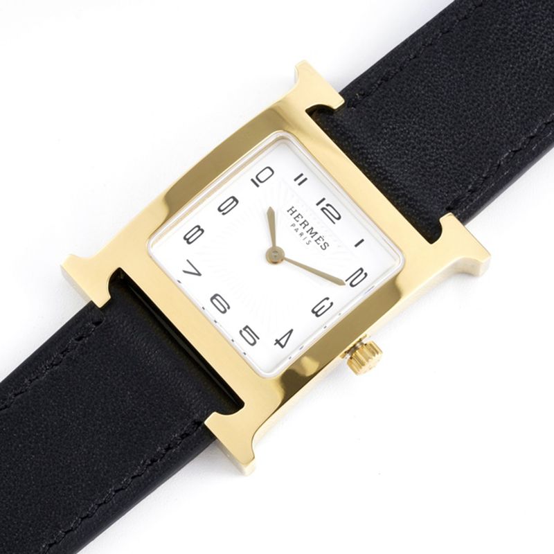 Hermès top-tiersuper cloneladies' watchHeureH series ladies quartz square fashion watch black leather white dial front view