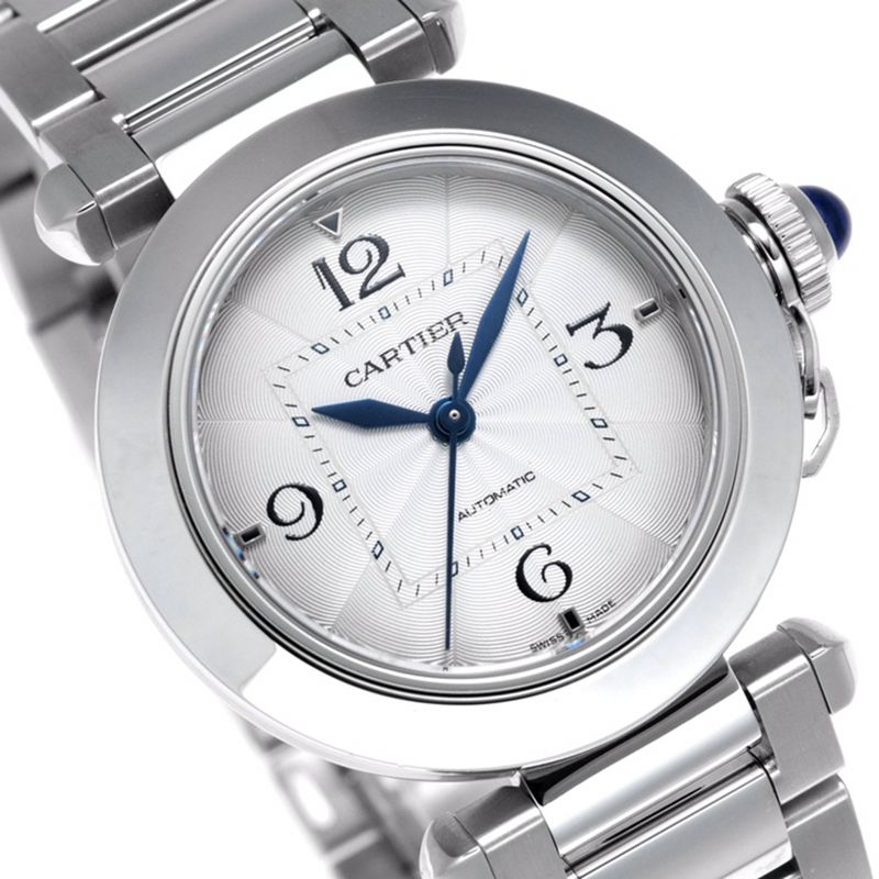 Cartier Pasha series women's automatic mechanical watch, white dial, front view.