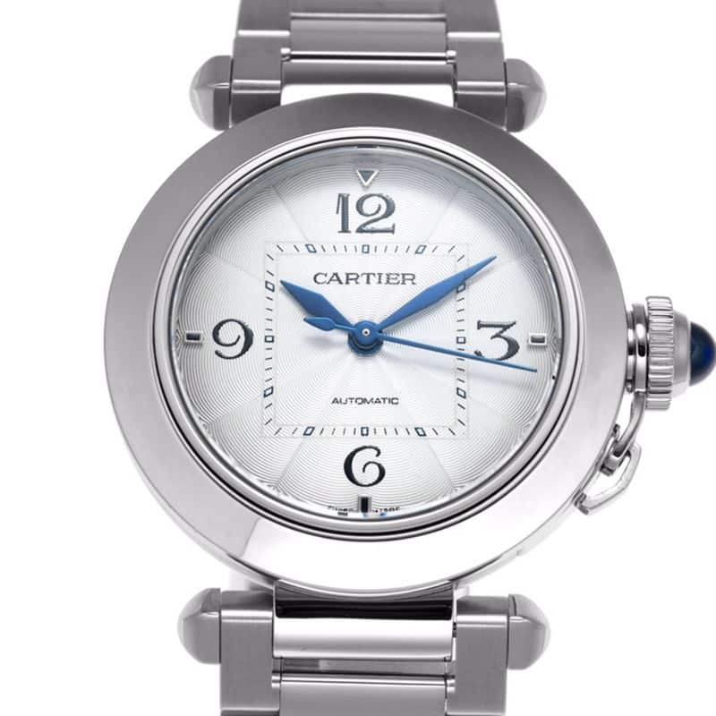 Cartier Pasha series women's automatic mechanical watch, white dial, front view.
