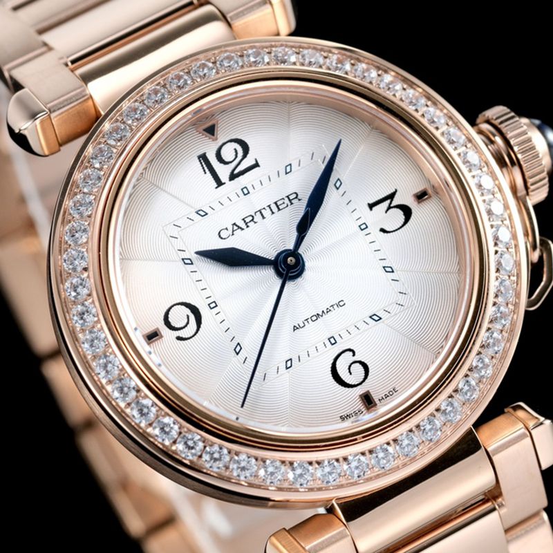 Front View of the Cartier Pasha Series Women's Automatic Mechanical Watch with White Dial and Rose Gold Case (collectible)