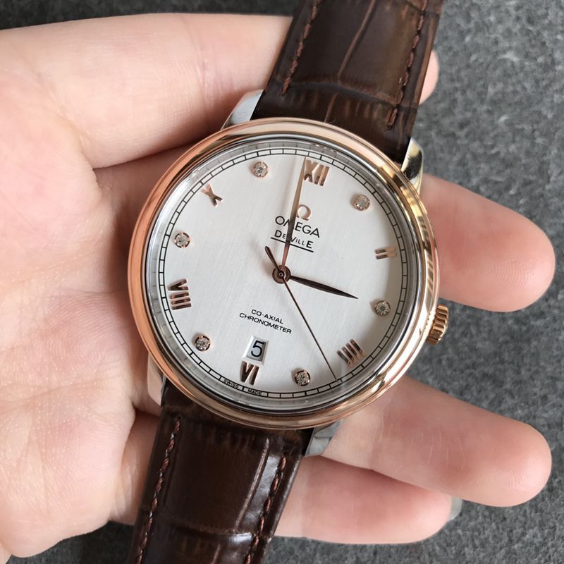 Omegatop-tierhigh-quality watch De Ville series men's white leather strap mechanical watch front view