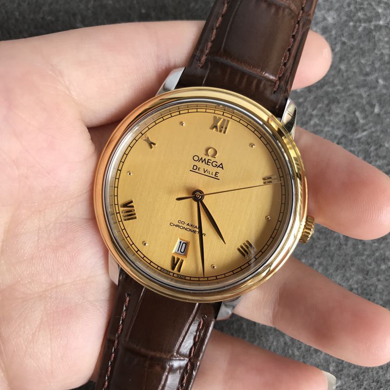 Omegatop-tier watch Diefei series men's gold plate leather strap mechanical watch front view