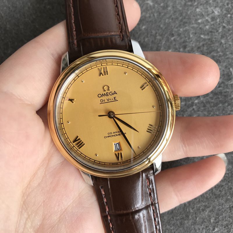 Omegatop-tier watch Diefei series men's gold plate leather strap mechanical watch front view