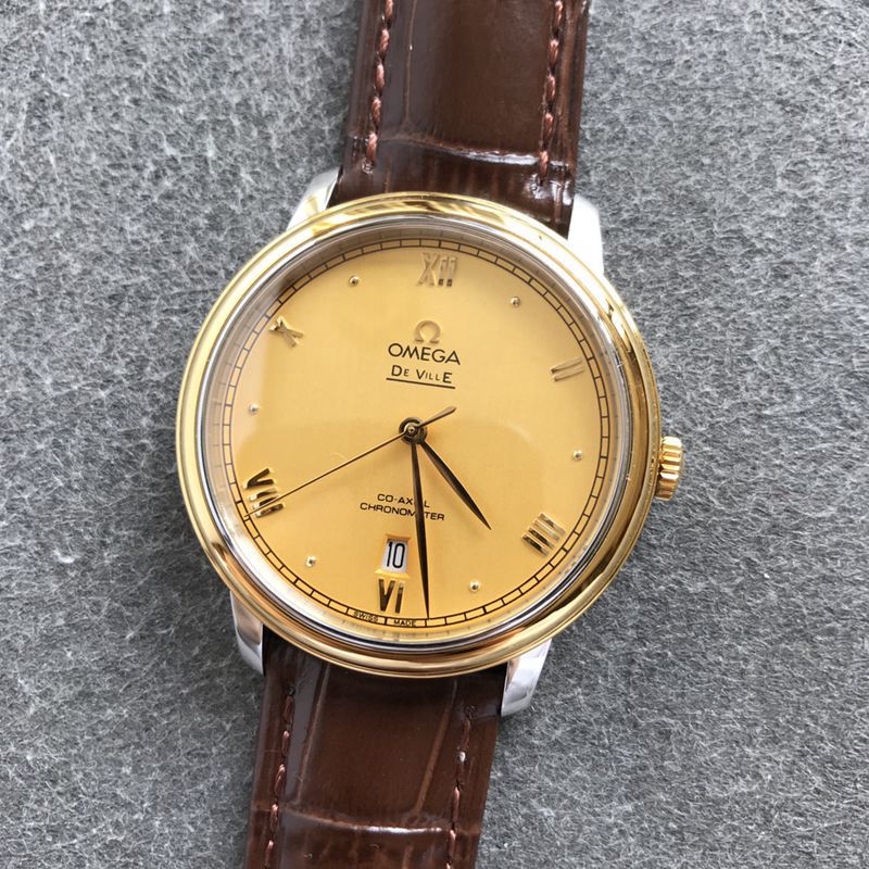 Omegatop-tier watch Diefei series men's gold plate leather strap mechanical watch front view