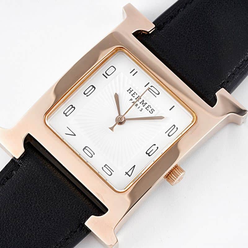 Hermès top-tierhigh-quality watch HeureH three-hand series ladies leather straprose goldwhite dial watch front view