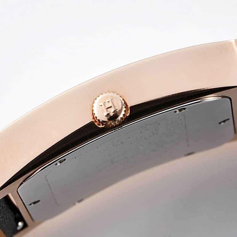 Hermès top-tierhigh-quality watch HeureH three-hand series ladies leather straprose goldwhite dial watch side view
