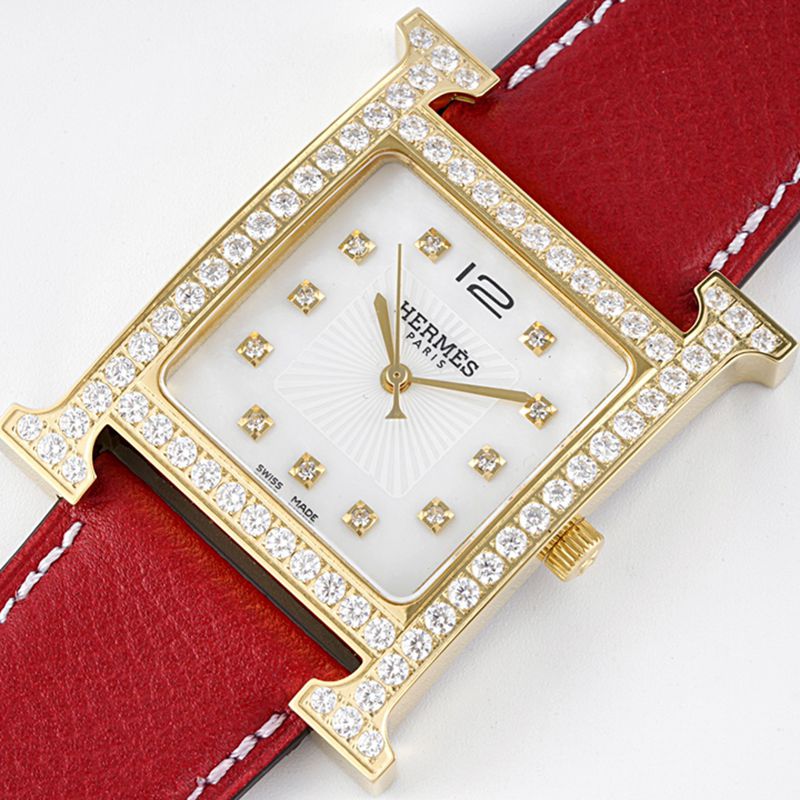 Hermès top-tierhigh-quality watch HeureH three-hand series ladies leather strapwhite dial gold watch front view