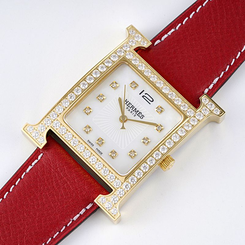 Hermès top-tierhigh-quality watch HeureH three-hand series ladies leather strapwhite dial gold watch front view