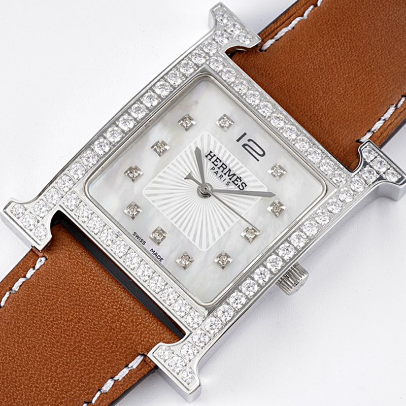 Hermès top-tier watch HeureH three-hand series ladies leather strapwhite dialdiamond watch front view