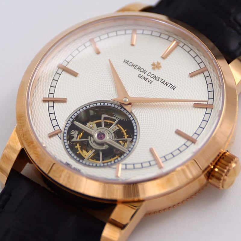Vacheron Constantintop-tiersuper watch Traditionnelle series tourbillonwhite dialleather strap men's gold watch front view