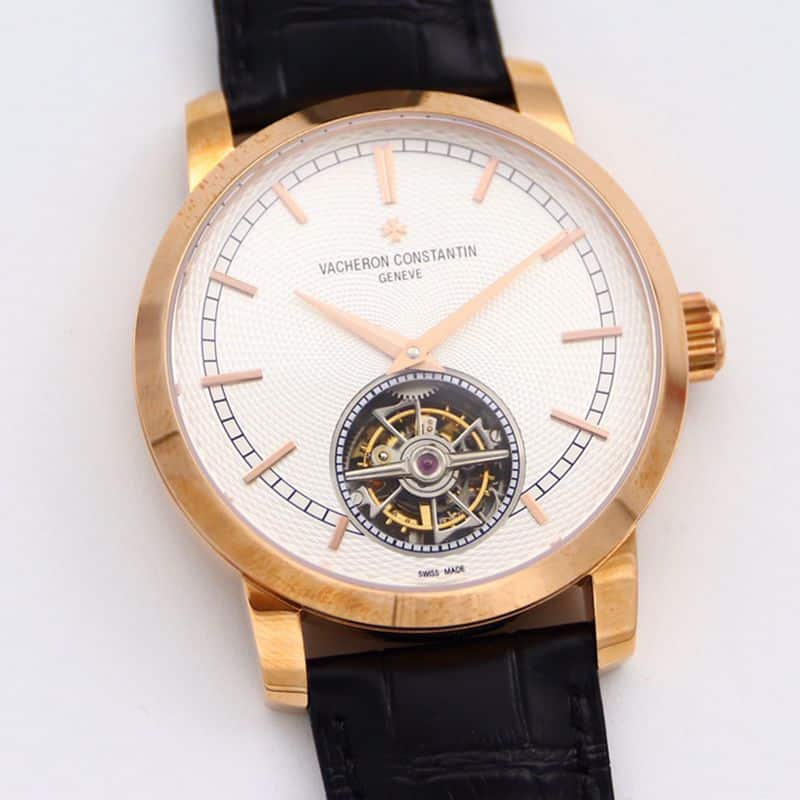 Vacheron Constantintop-tiersuper watch Traditionnelle series tourbillonwhite dialleather strap men's gold watch front view