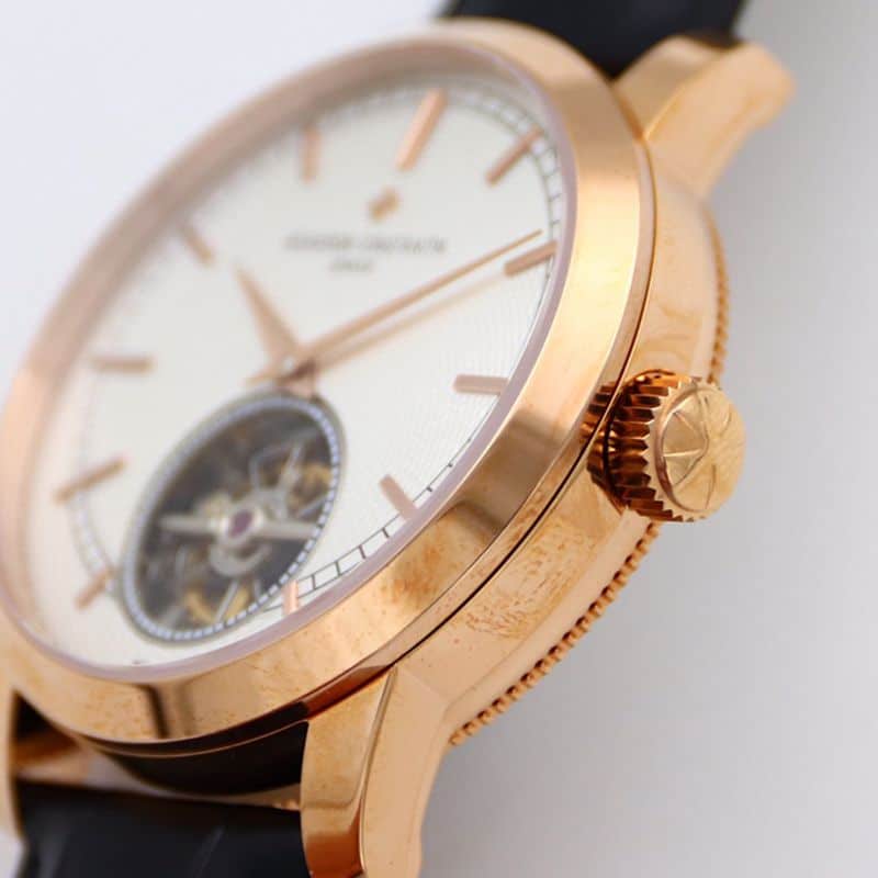 Vacheron Constantintop-tiersuper watch Traditionnelle series tourbillonwhite dialleather strap men's gold watch side view