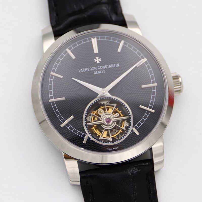 Vacheron Constantintop-tier watch Traditionnelle series tourbillonleather strapblack dial men's watch front view