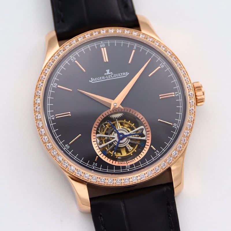 Jaeger-LeCoultre master top-tierhigh-quality watch 1662451 series automatic genuine tourbillon men's diamond gold watch black dial watch front view