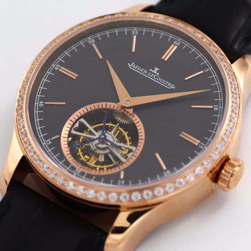 Jaeger-LeCoultre master top-tierhigh-quality watch 1662451 series automatic genuine tourbillon men's diamond gold watch black dial watch front view