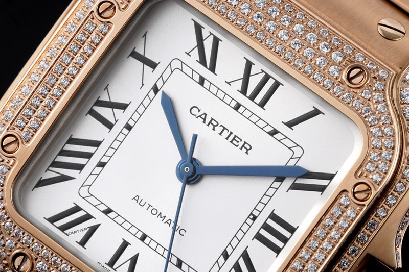 Cartiertop-tier watch Santos series women's steel braceletdiamondwhite dialrose gold watch detail shots