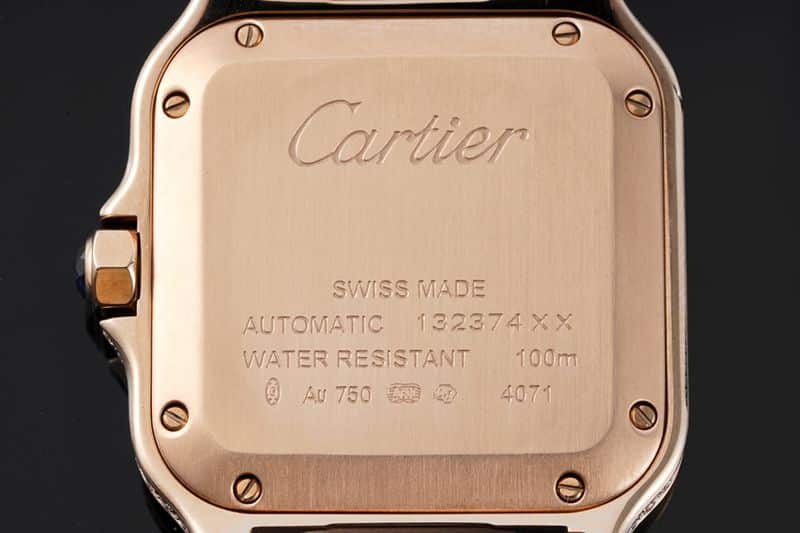Cartiertop-tier watch Santos series ladies steel braceletdiamondwhite dialrose gold watch back cover picture
