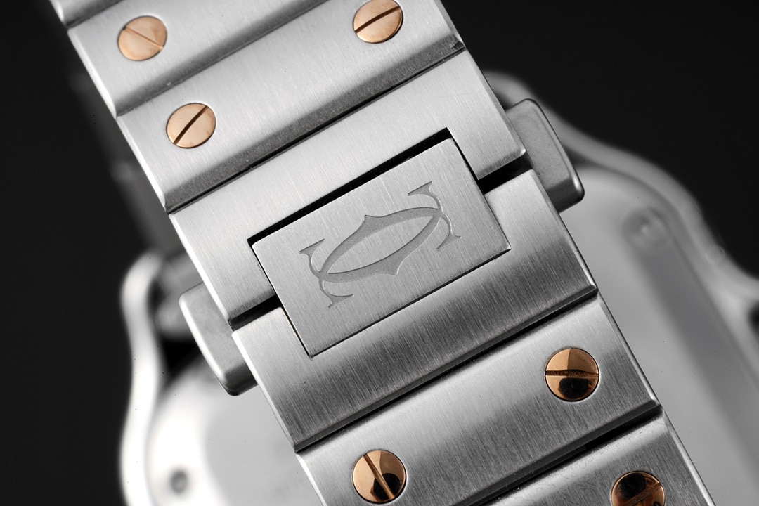 Cartiertop-tierhigh-quality watch Santos series women's steel braceletwhite dial rose gold watch detail shots