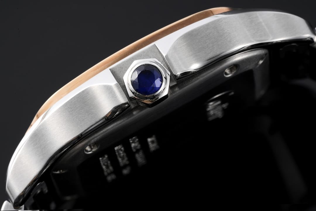 Cartiertop-tierhigh-quality watch Santos series ladies steel braceletwhite dial rose gold watch side view