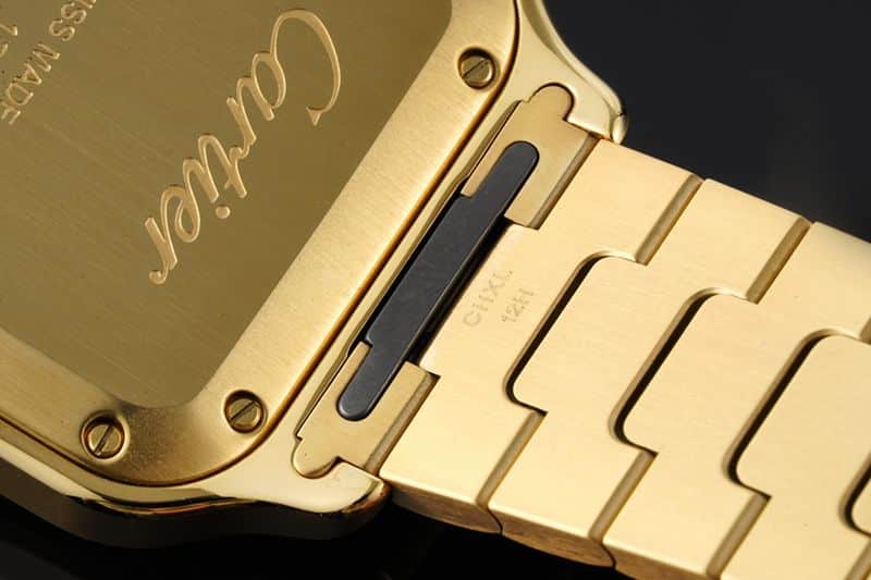 Cartiertop-tiersuper watch Santos series women's steel braceletwhite dialdiamond gold watch detail shots