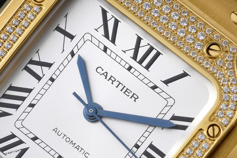 Cartiertop-tiersuper watch Santos series women's steel braceletwhite dialdiamond gold watch detail shots