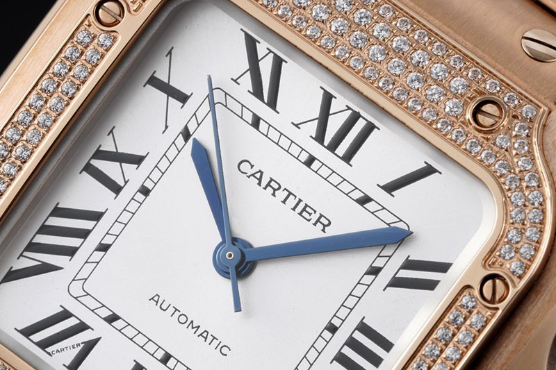 Cartiertop-tiersuper watch Santos series women's steel braceletwhite dialdiamondrose gold watch detail shots