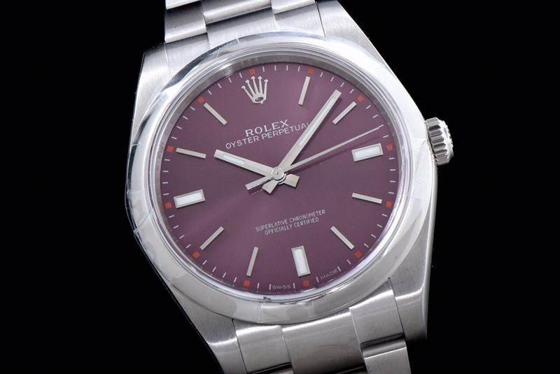 Rolextop-tierhigh-quality watch Oyster Perpetual series men's mechanical purple plate steel bracelet watch front view